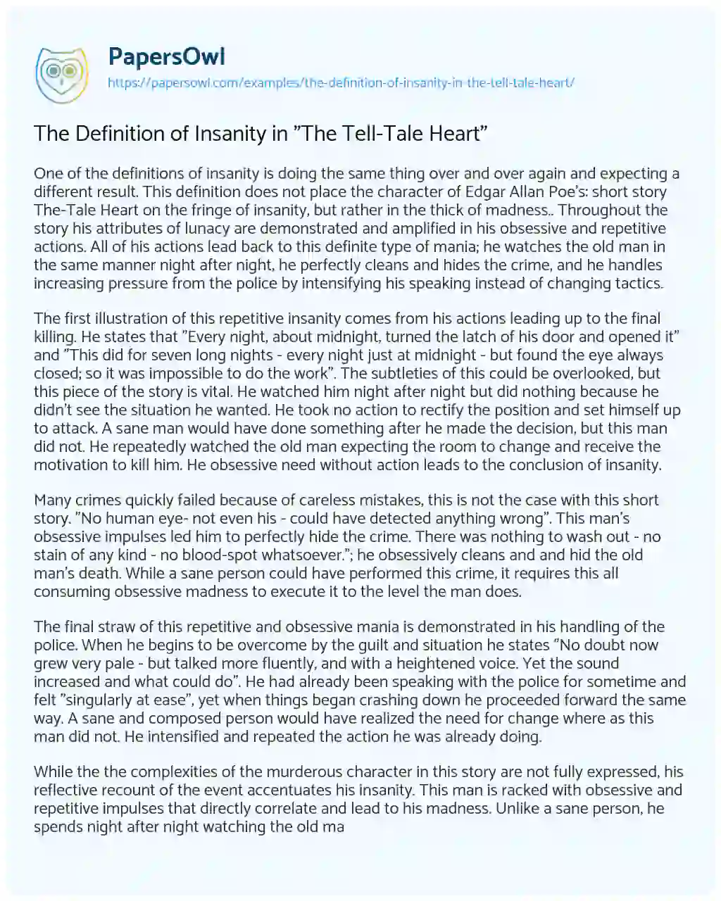 Essay on The Definition of Insanity in “The Tell-Tale Heart”
