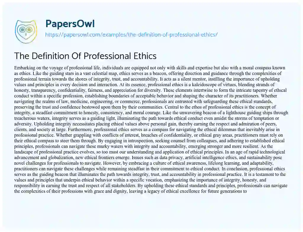 Essay on The Definition of Professional Ethics