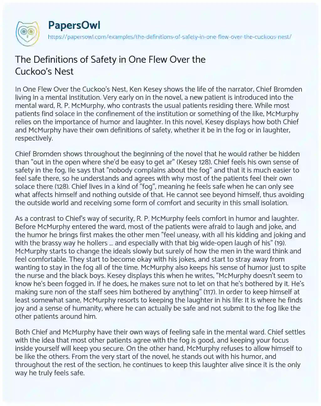 Essay on The Definitions of Safety in One Flew over the Cuckoo’s Nest