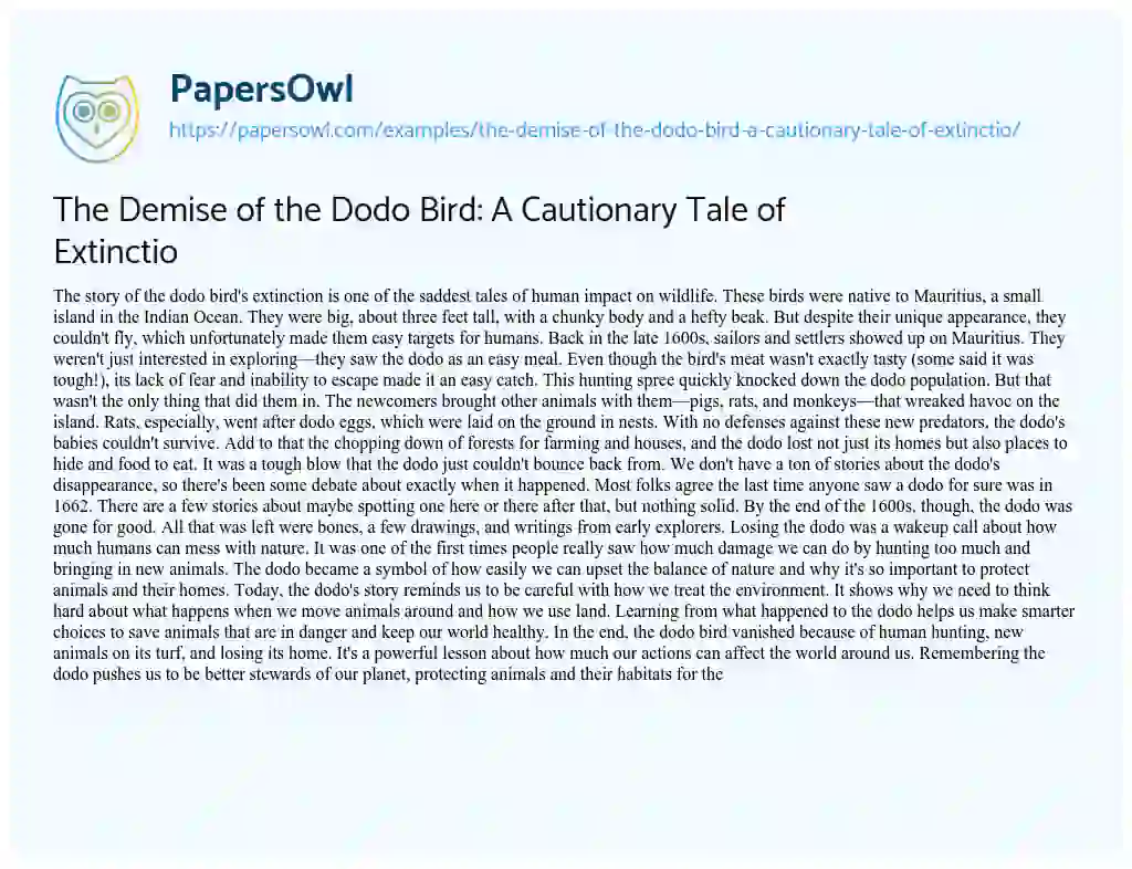 Essay on The Demise of the Dodo Bird: a Cautionary Tale of Extinctio