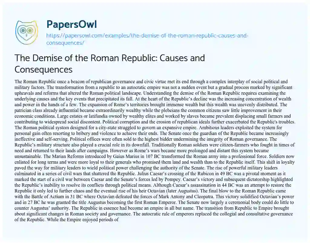 The Demise Of The Roman Republic: Causes And Consequences - Free Essay 