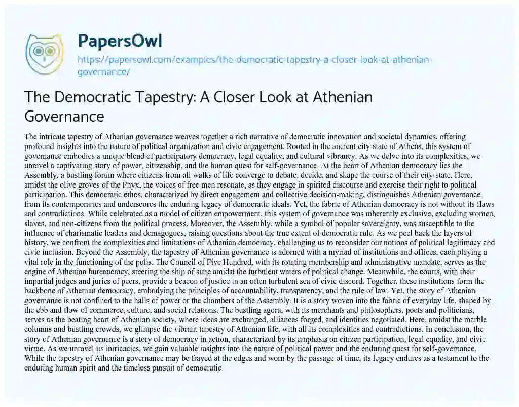 Essay on The Democratic Tapestry: a Closer Look at Athenian Governance