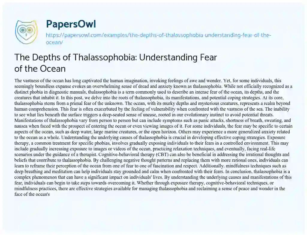 Essay on The Depths of Thalassophobia: Understanding Fear of the Ocean