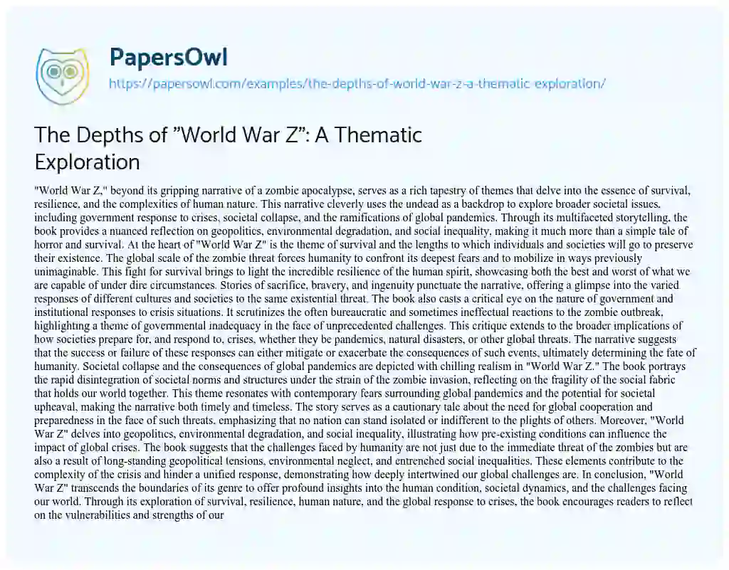 Essay on The Depths of “World War Z”: a Thematic Exploration