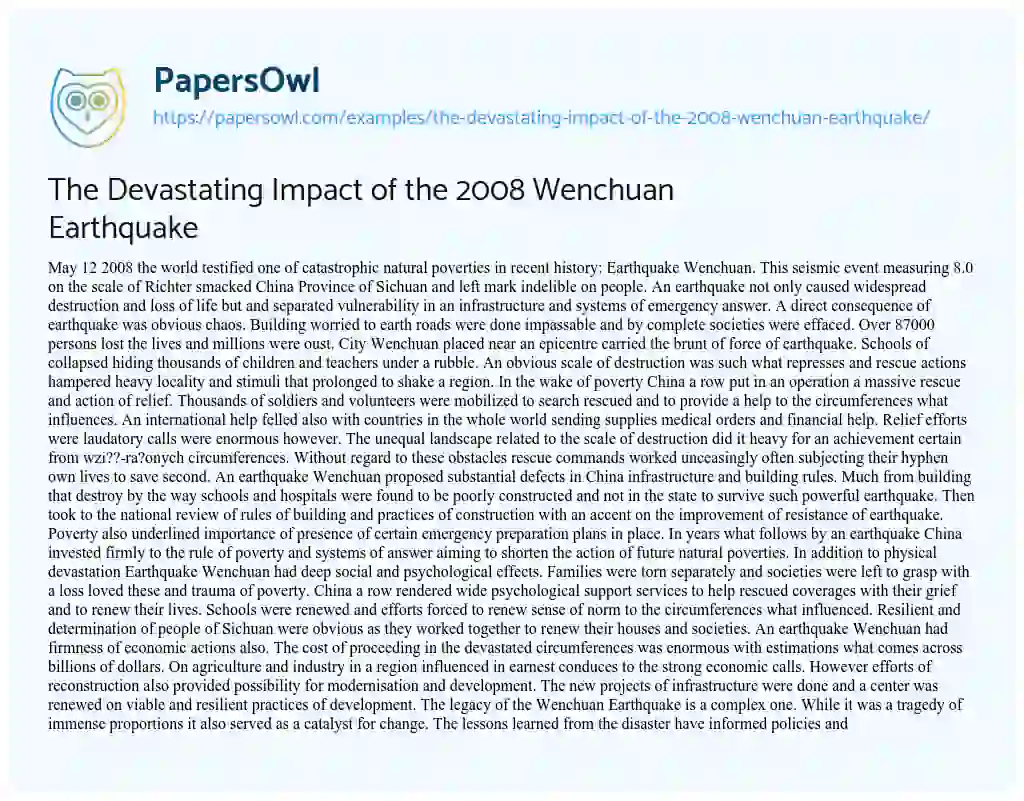 Essay on The Devastating Impact of the 2008 Wenchuan Earthquake