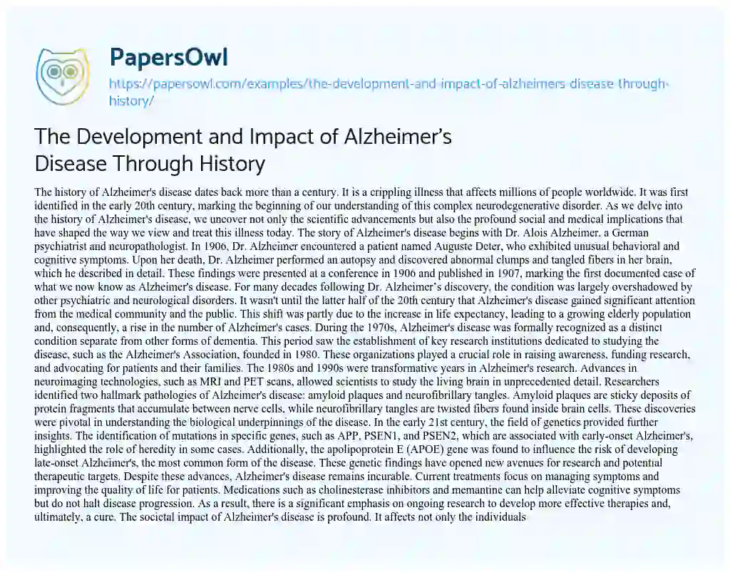 Essay on The Development and Impact of Alzheimer’s Disease through History