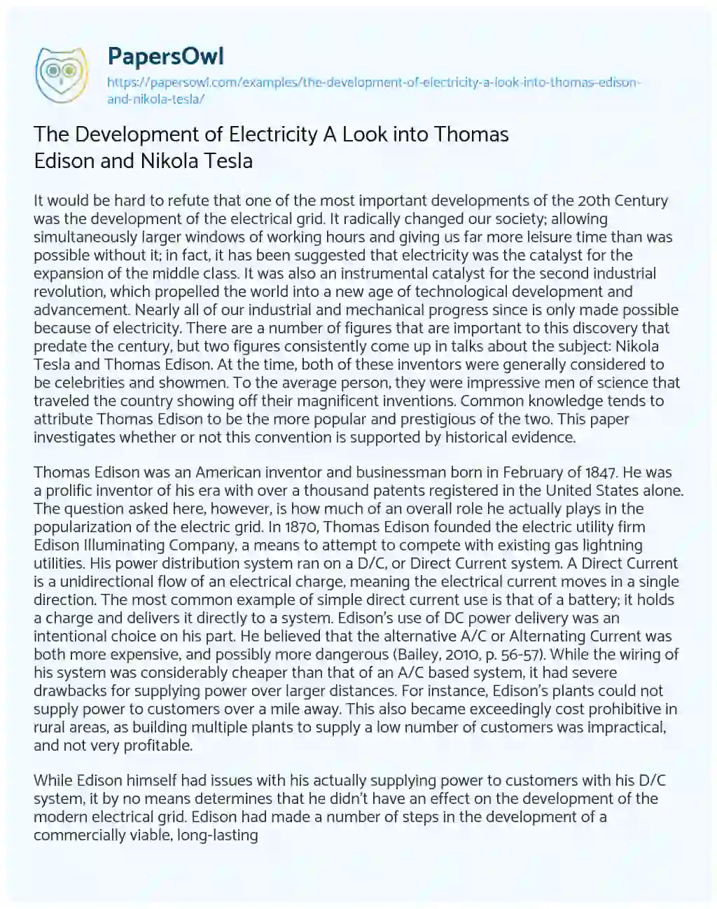 The Development of Electricity a Look into Thomas Edison and Nikola Tesla essay