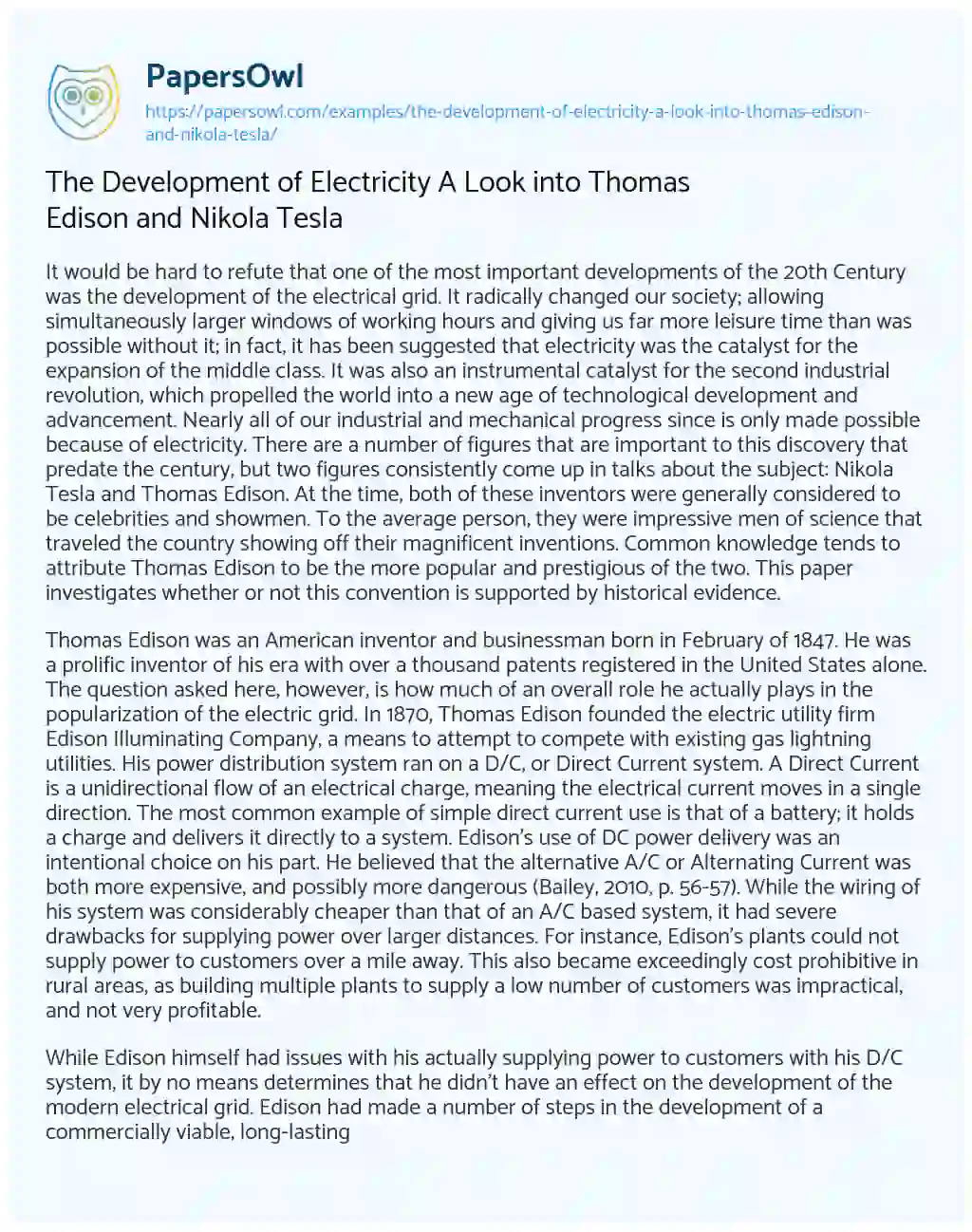 Essay on The Development of Electricity a Look into Thomas Edison and Nikola Tesla