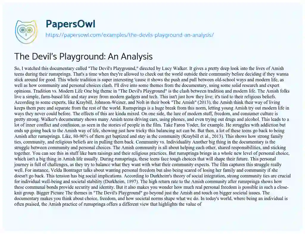 Essay on The Devil’s Playground: an Analysis