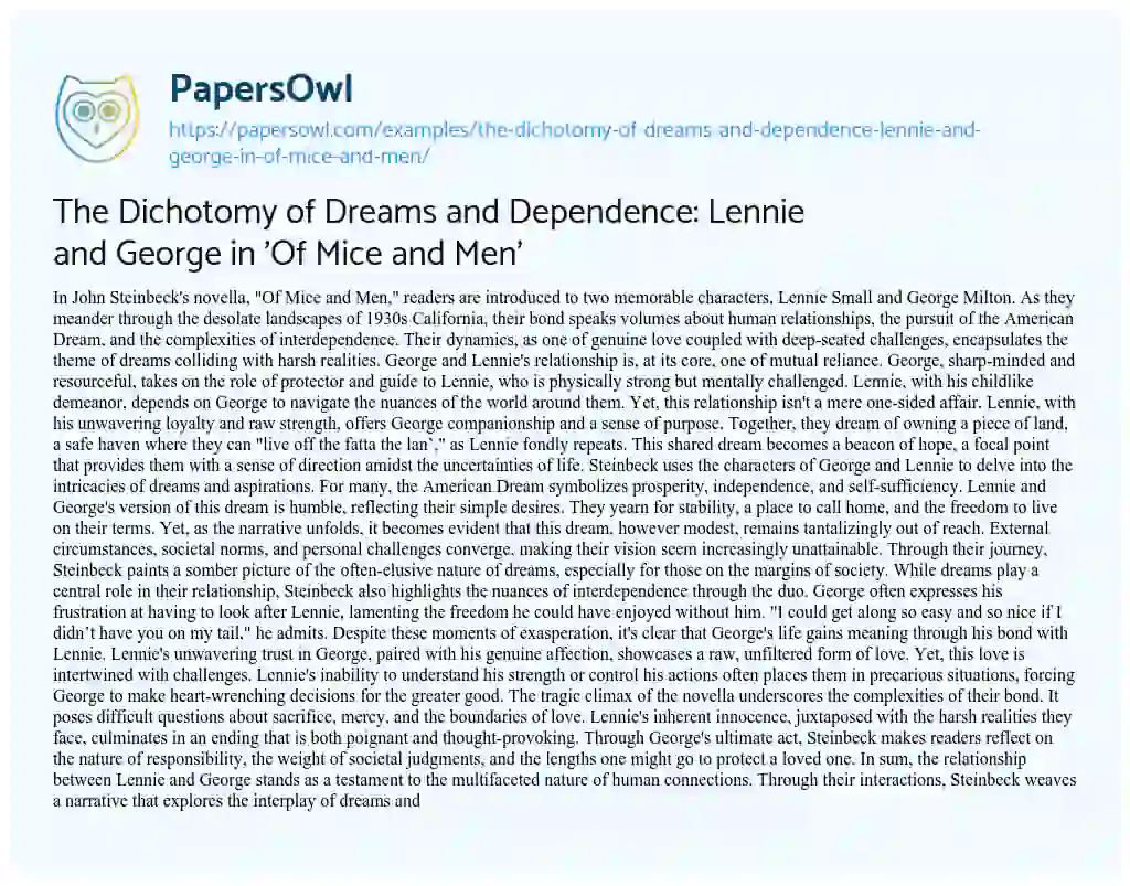 Essay on The Dichotomy of Dreams and Dependence: Lennie and George in ‘Of Mice and Men’