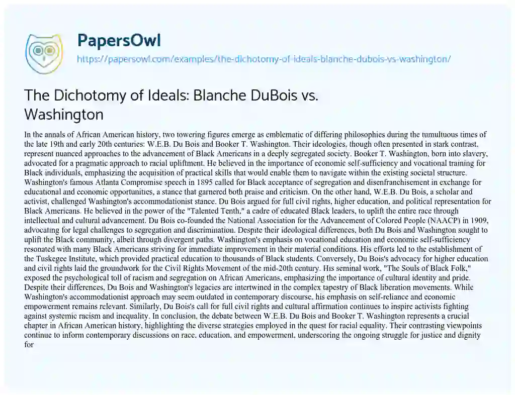 Essay on The Dichotomy of Ideals: Blanche DuBois Vs. Washington