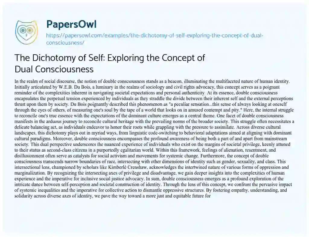 Essay on The Dichotomy of Self: Exploring the Concept of Dual Consciousness