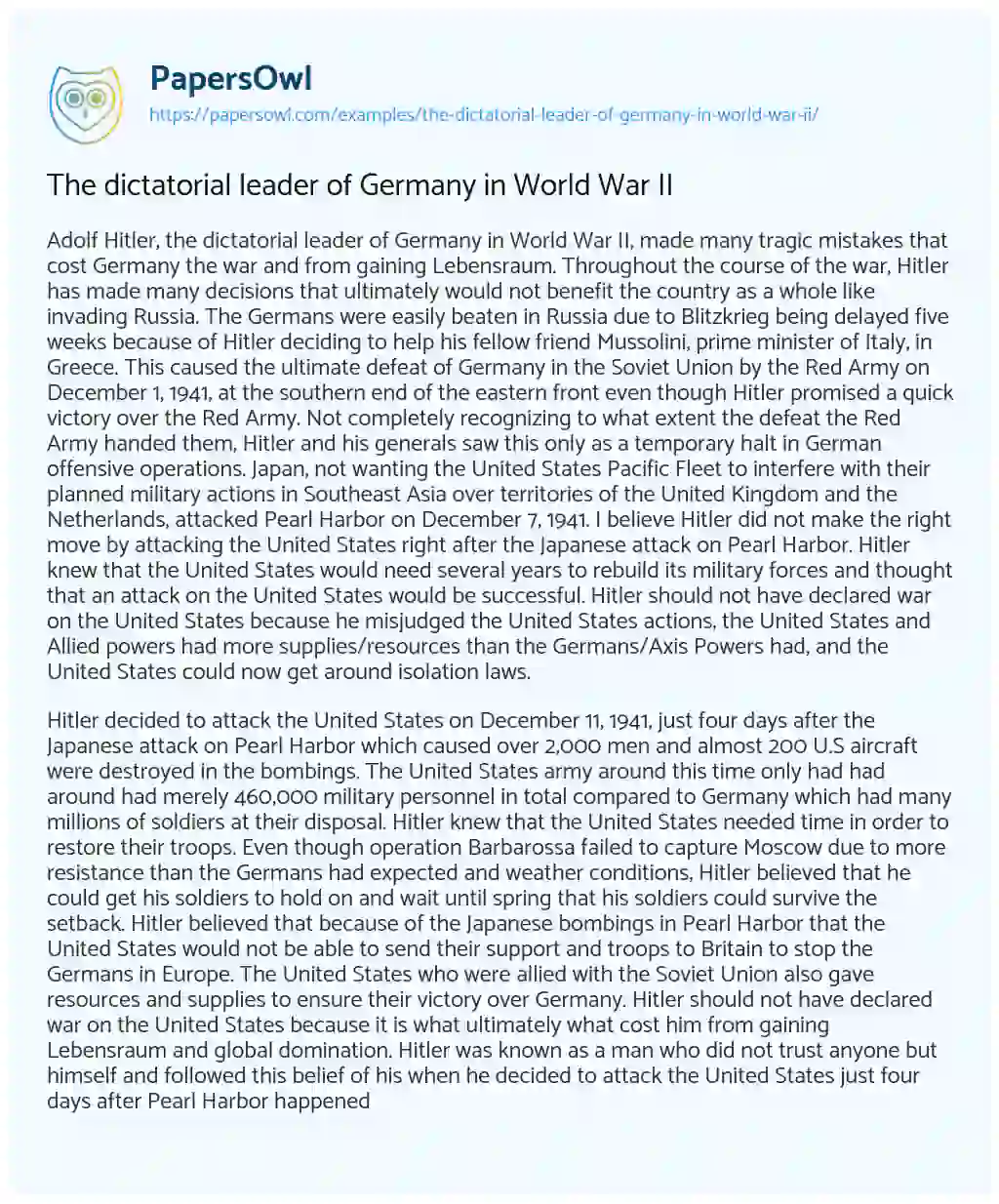 Essay on The Dictatorial Leader of Germany in World War II