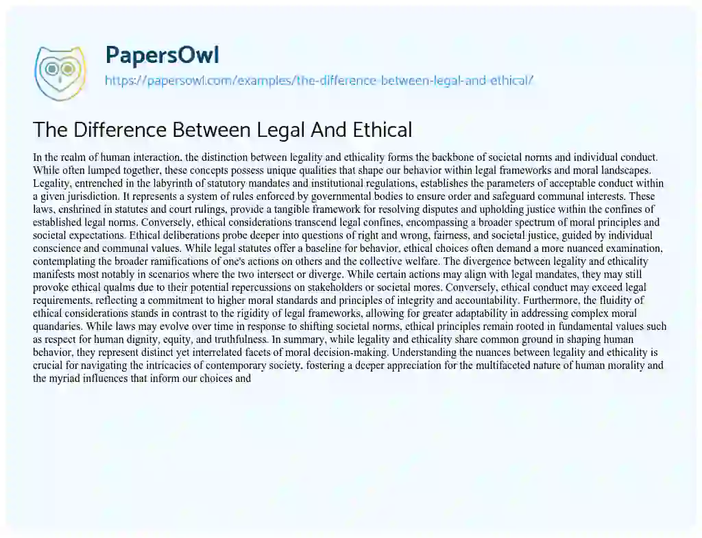 Essay on The Difference between Legal and Ethical