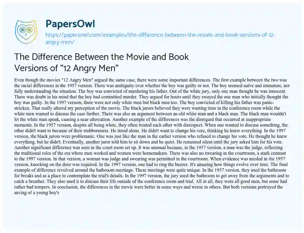 Essay on The Difference between the Movie and Book Versions of “12 Angry Men”