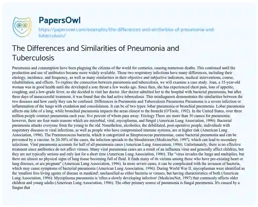 Essay on The Differences and Similarities of Pneumonia and Tuberculosis