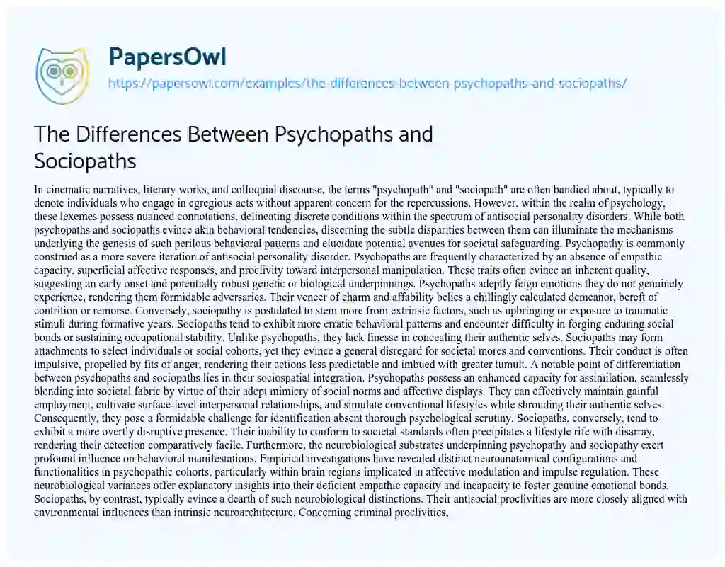 Essay on The Differences between Psychopaths and Sociopaths