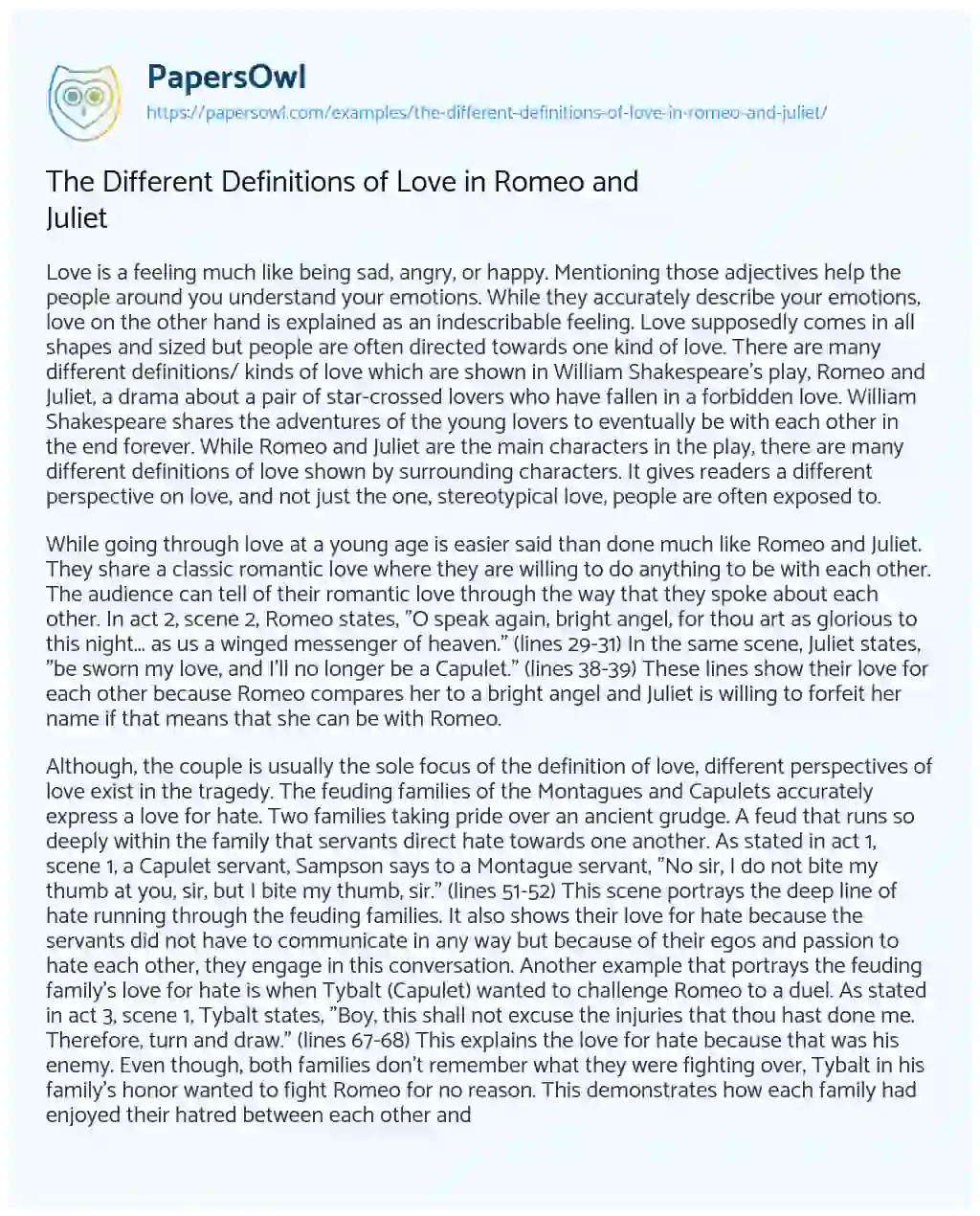 Essay on The Different Definitions of Love in Romeo and Juliet