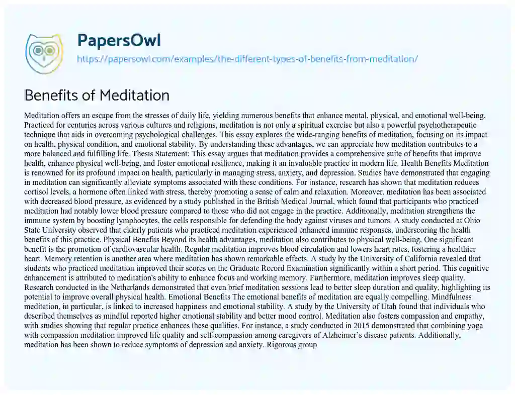 Essay on The Different Types of Benefits from Meditation