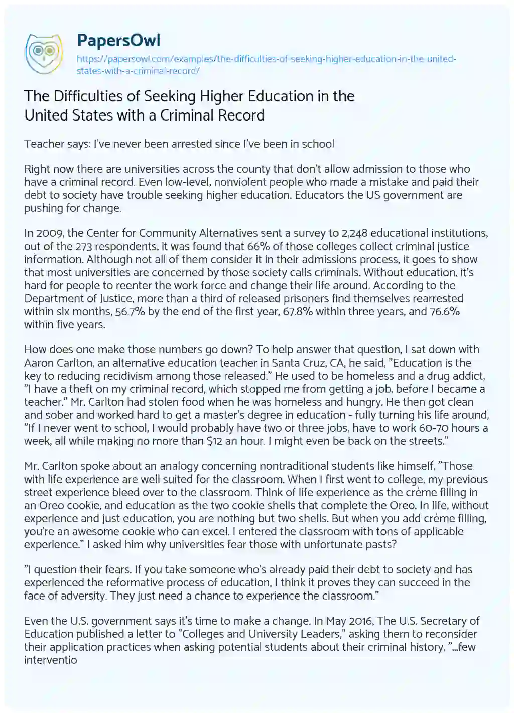 Essay on The Difficulties of Seeking Higher Education in the United States with a Criminal Record