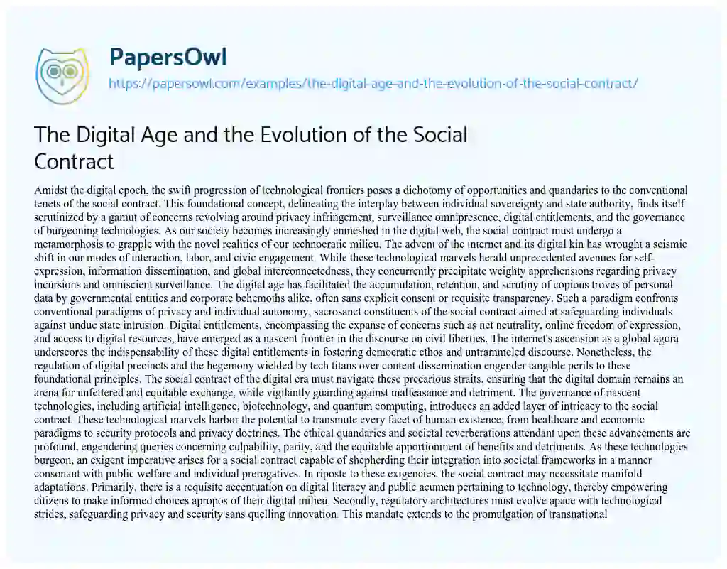 Essay on The Digital Age and the Evolution of the Social Contract