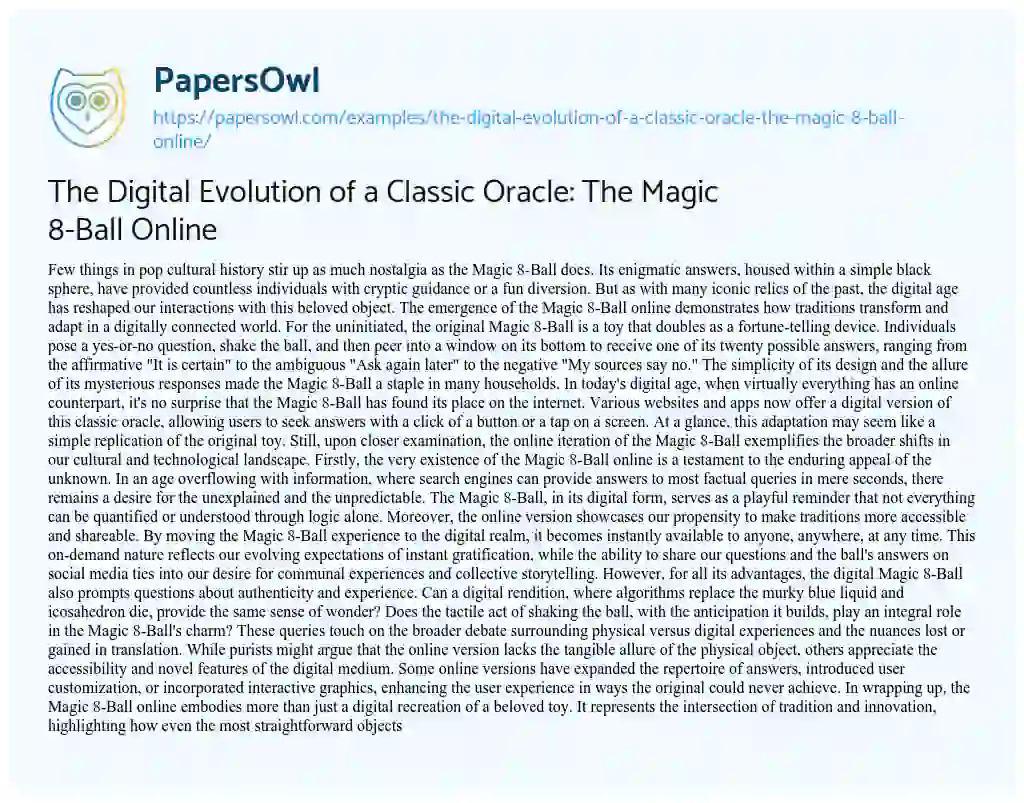 Essay on The Digital Evolution of a Classic Oracle: the Magic 8-Ball Online
