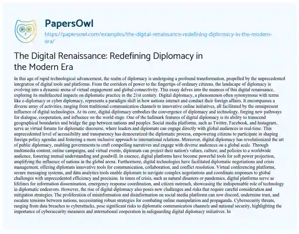 Essay on The Digital Renaissance: Redefining Diplomacy in the Modern Era