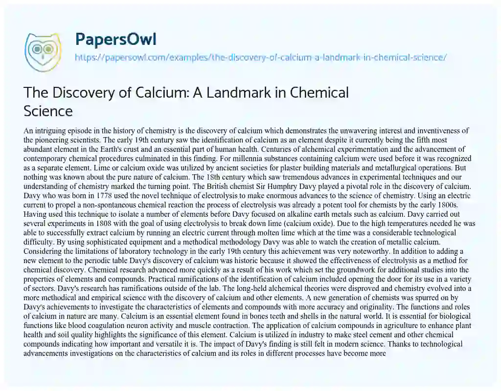 Essay on The Discovery of Calcium: a Landmark in Chemical Science