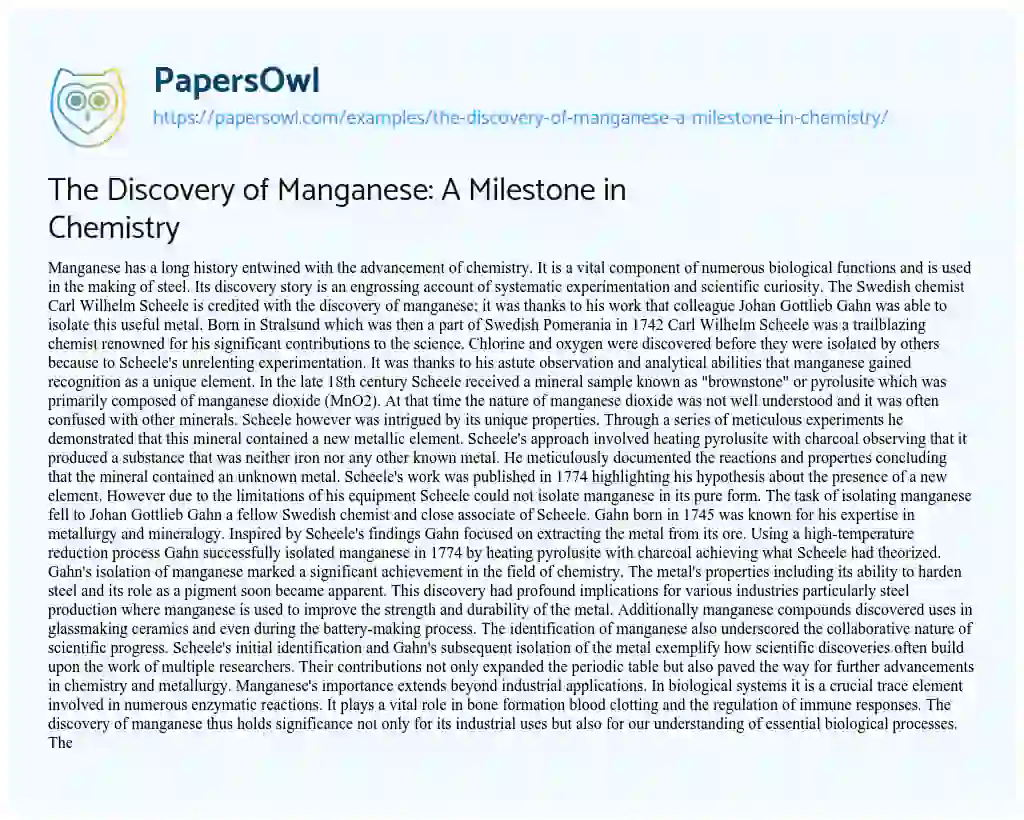 Essay on The Discovery of Manganese: a Milestone in Chemistry