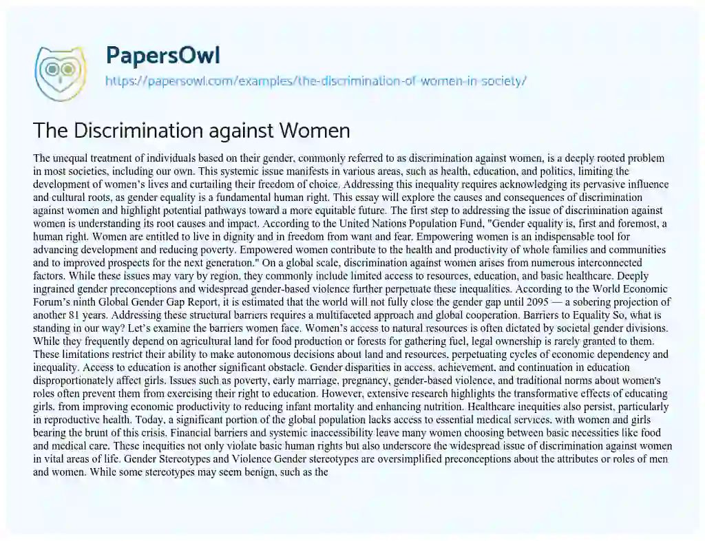 Essay on The Discrimination of Women in Society