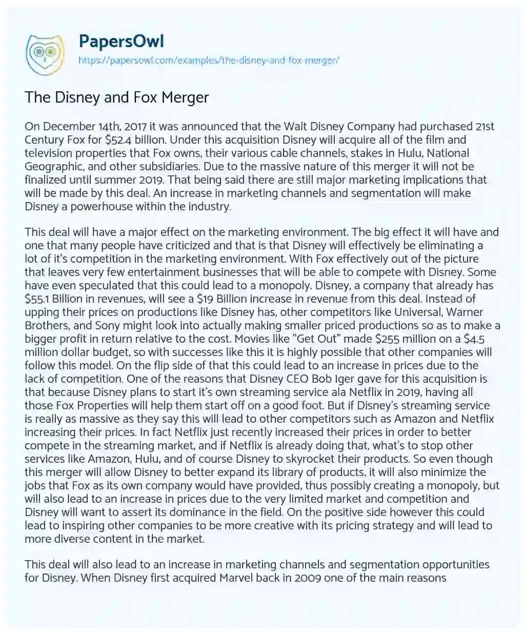 The Disney and Fox Merger essay
