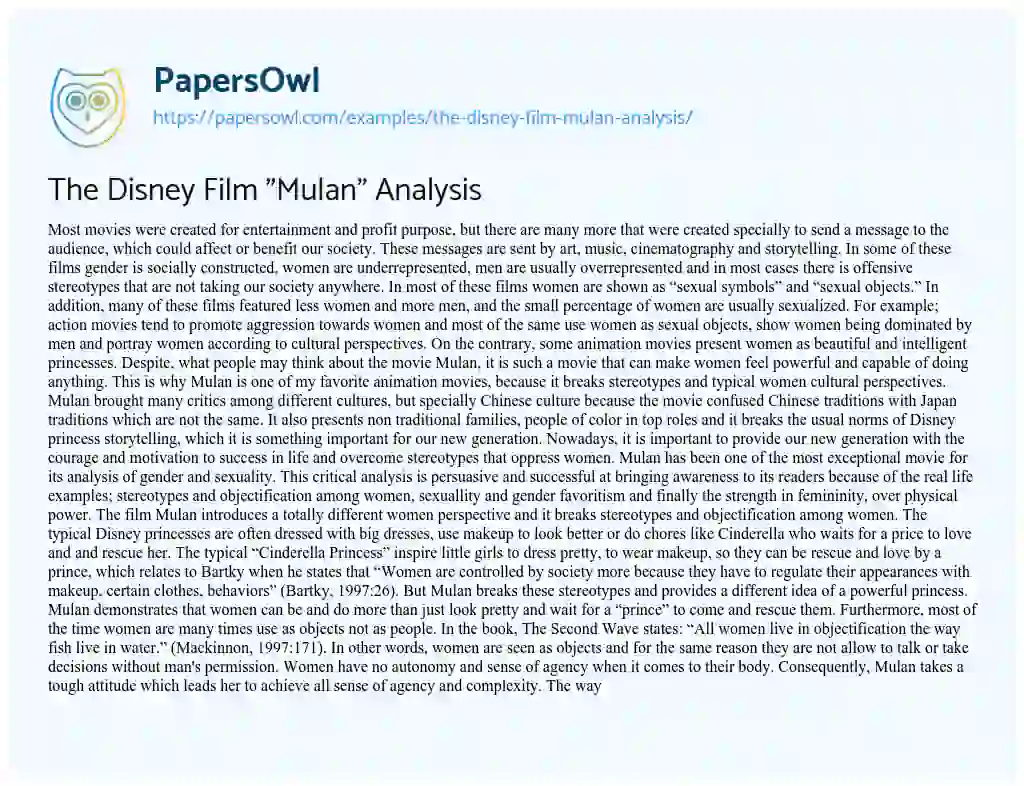 The Disney Film “Mulan” Analysis essay