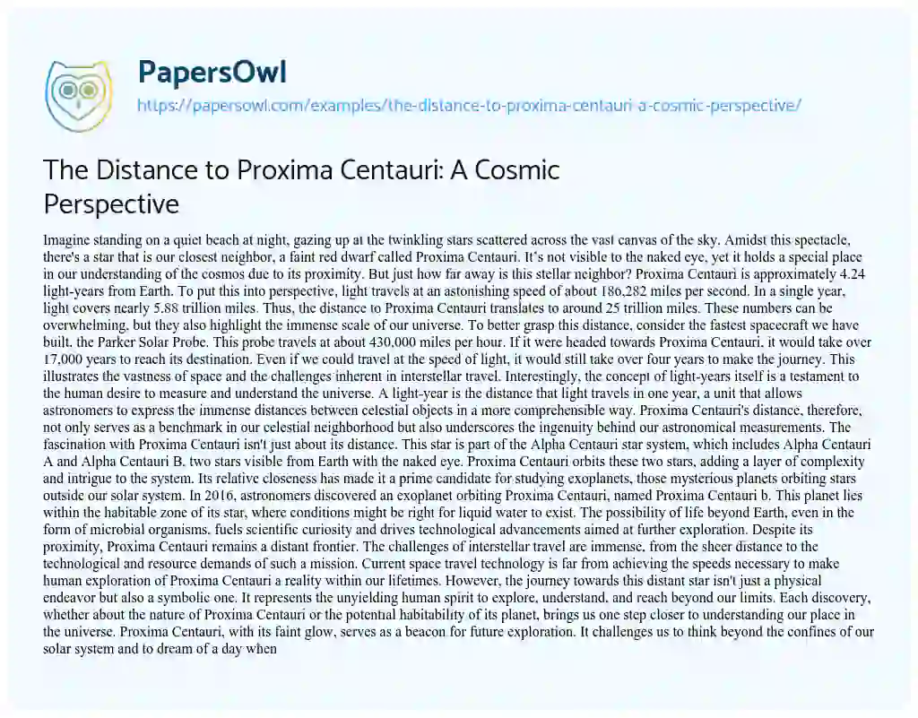 Essay on The Distance to Proxima Centauri: a Cosmic Perspective