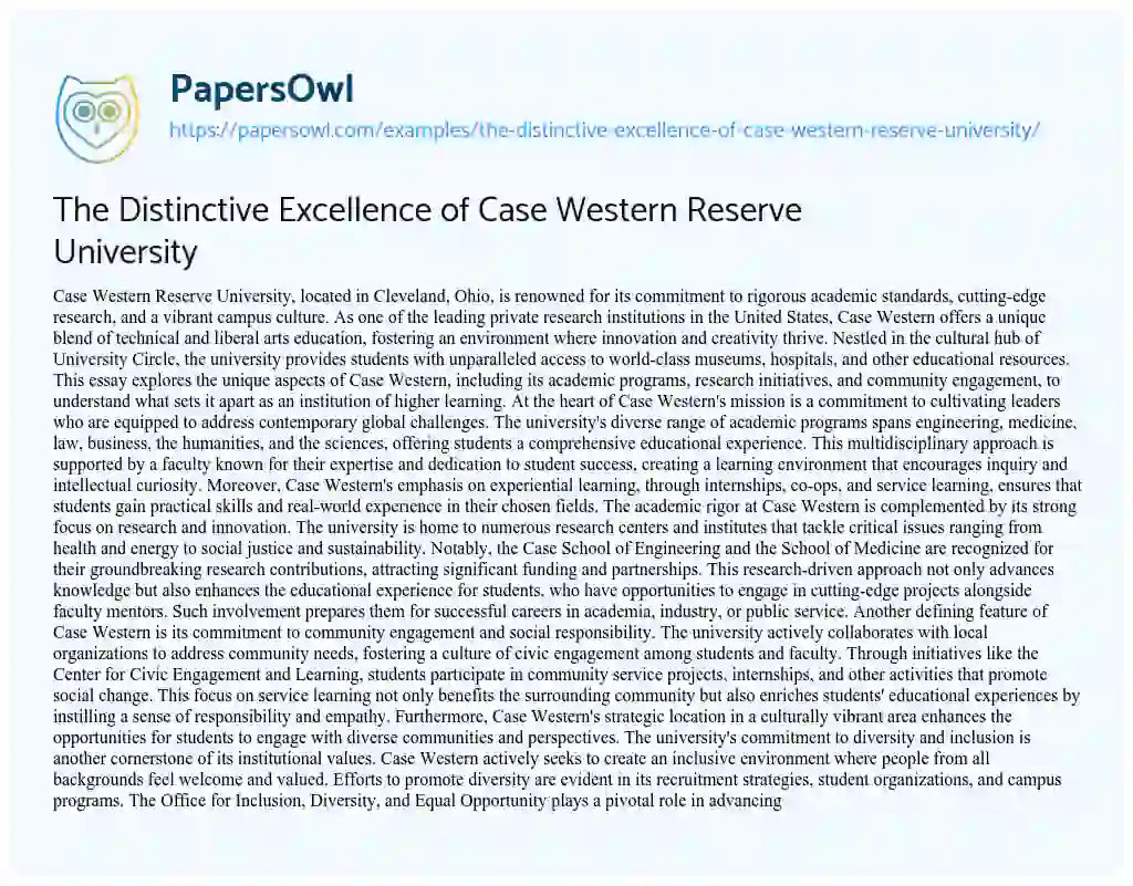 Essay on The Distinctive Excellence of Case Western Reserve University