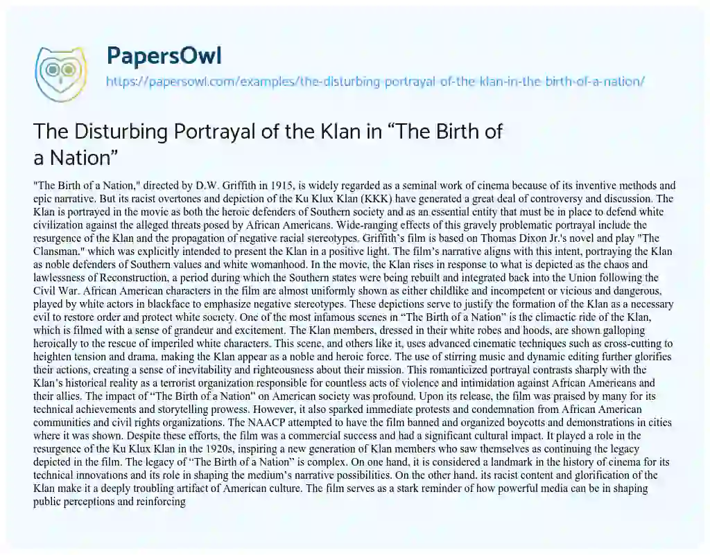 Essay on The Disturbing Portrayal of the Klan in “The Birth of a Nation”