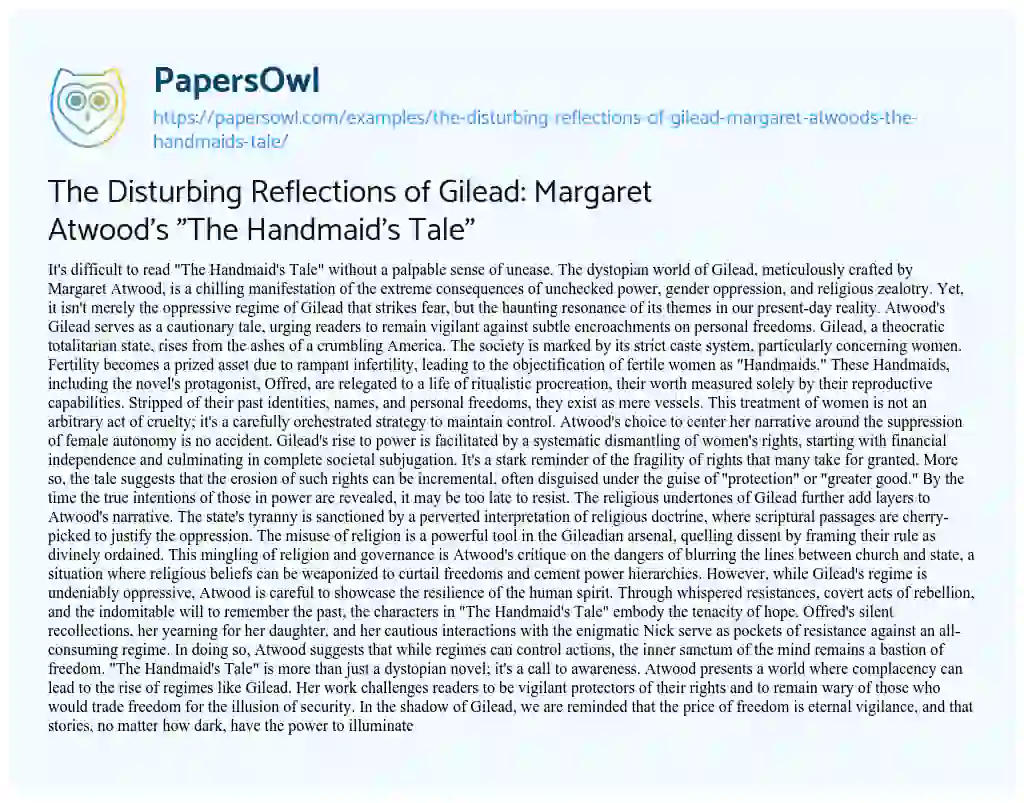Essay on The Disturbing Reflections of Gilead: Margaret Atwood’s “The Handmaid’s Tale”