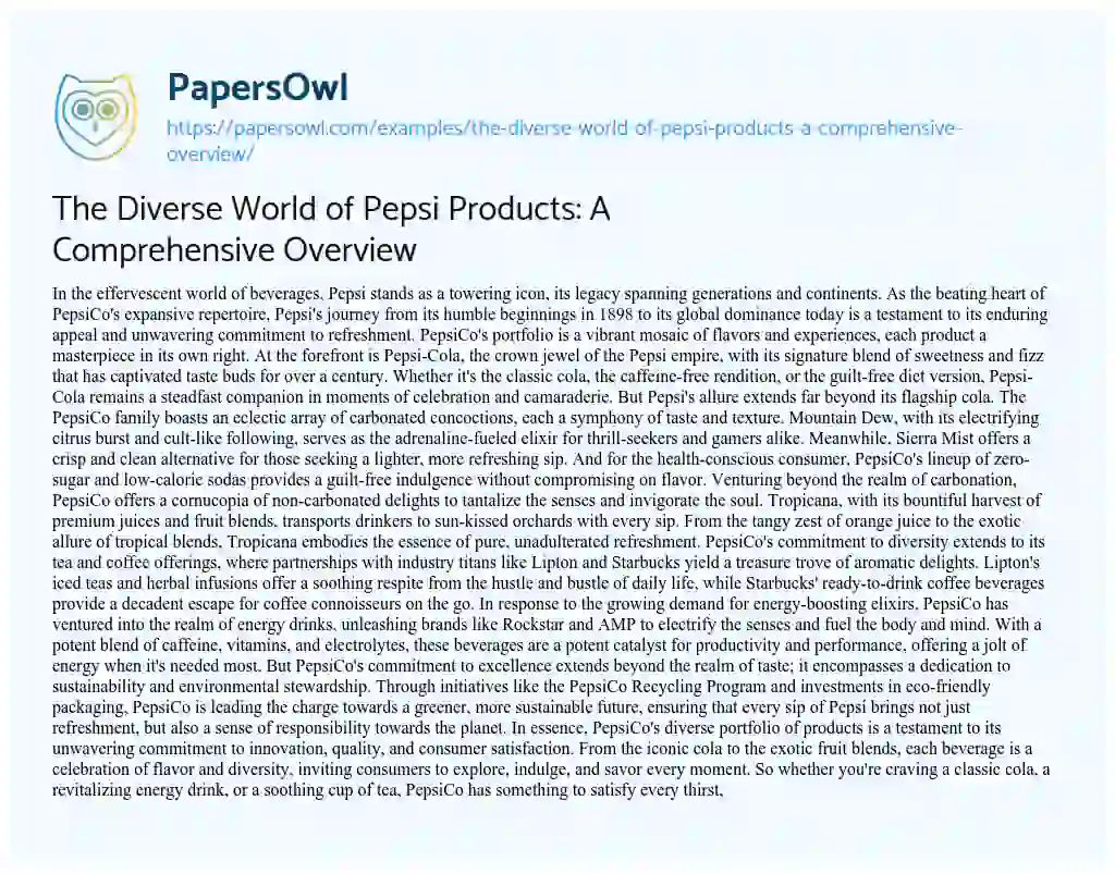 Essay on The Diverse World of Pepsi Products: a Comprehensive Overview