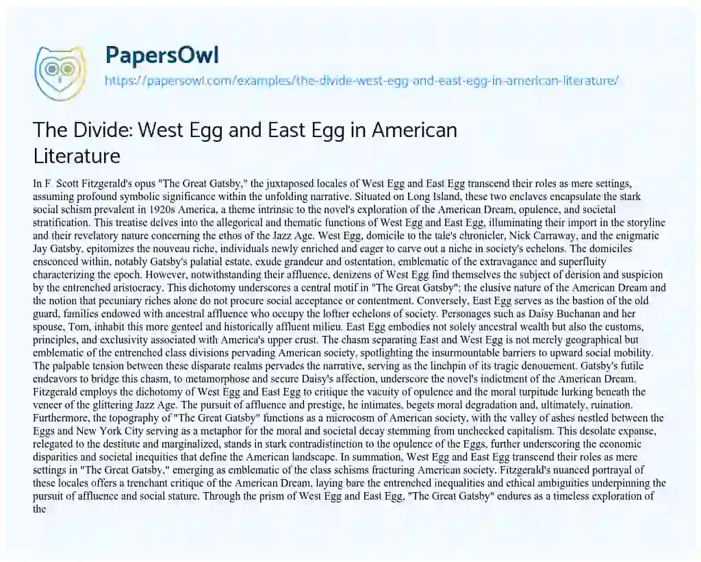Essay on The Divide: West Egg and East Egg in American Literature