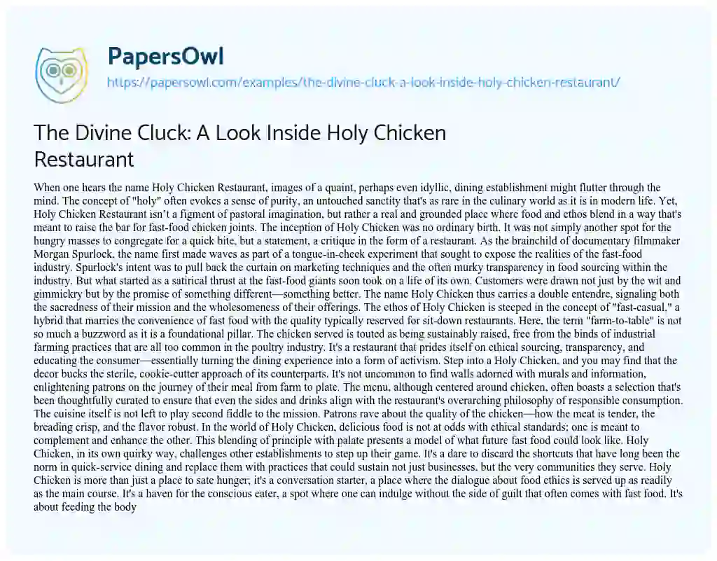 Essay on The Divine Cluck: a Look Inside Holy Chicken Restaurant