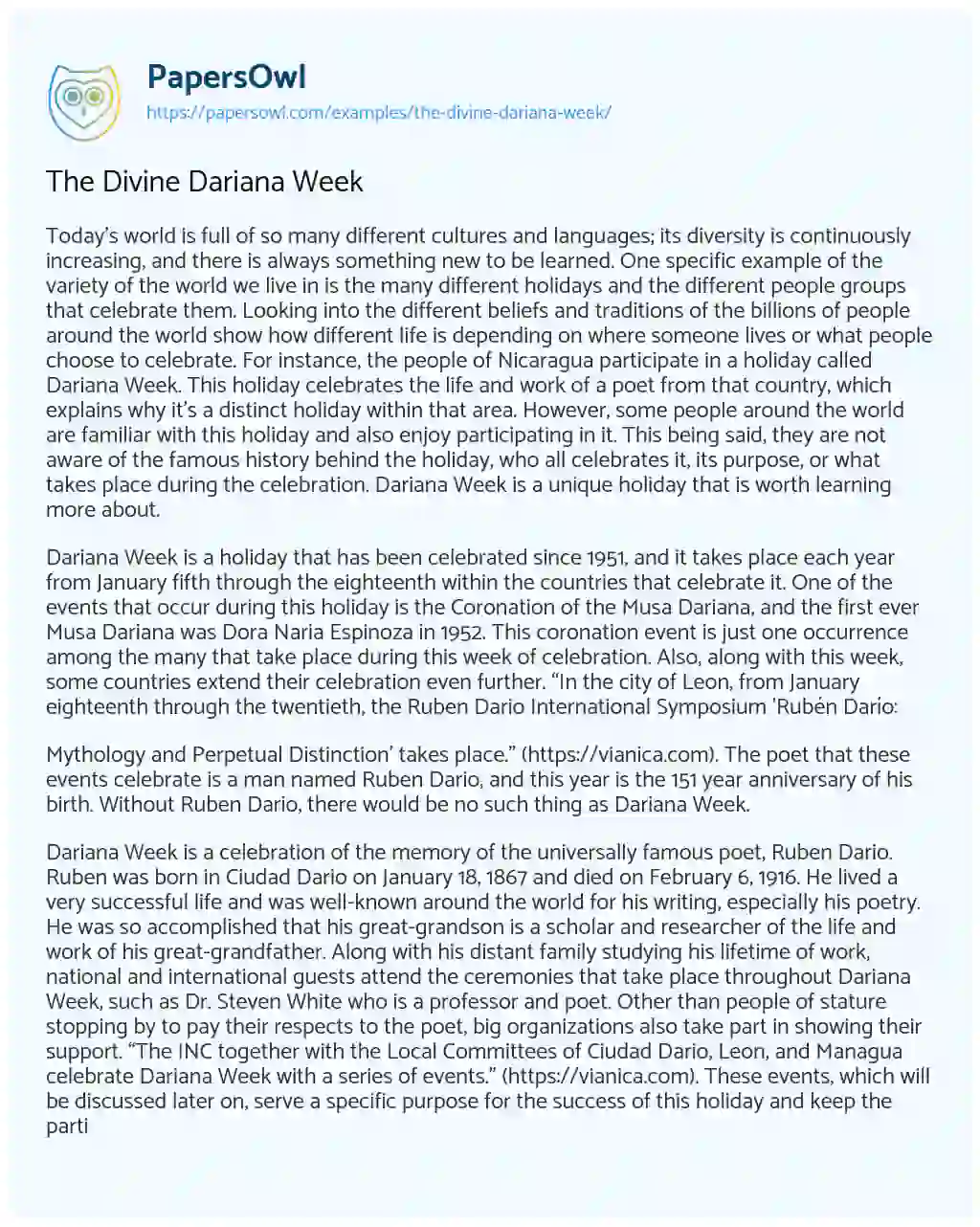 Essay on The Divine Dariana Week 
