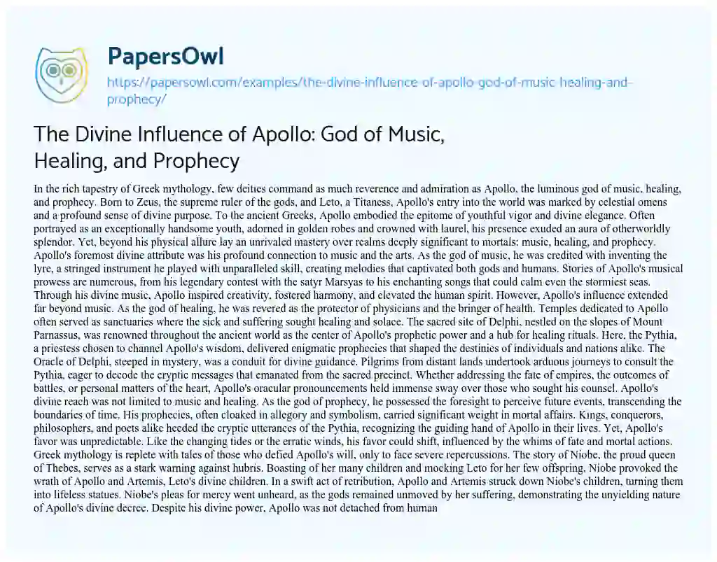 Essay on The Divine Influence of Apollo: God of Music, Healing, and Prophecy