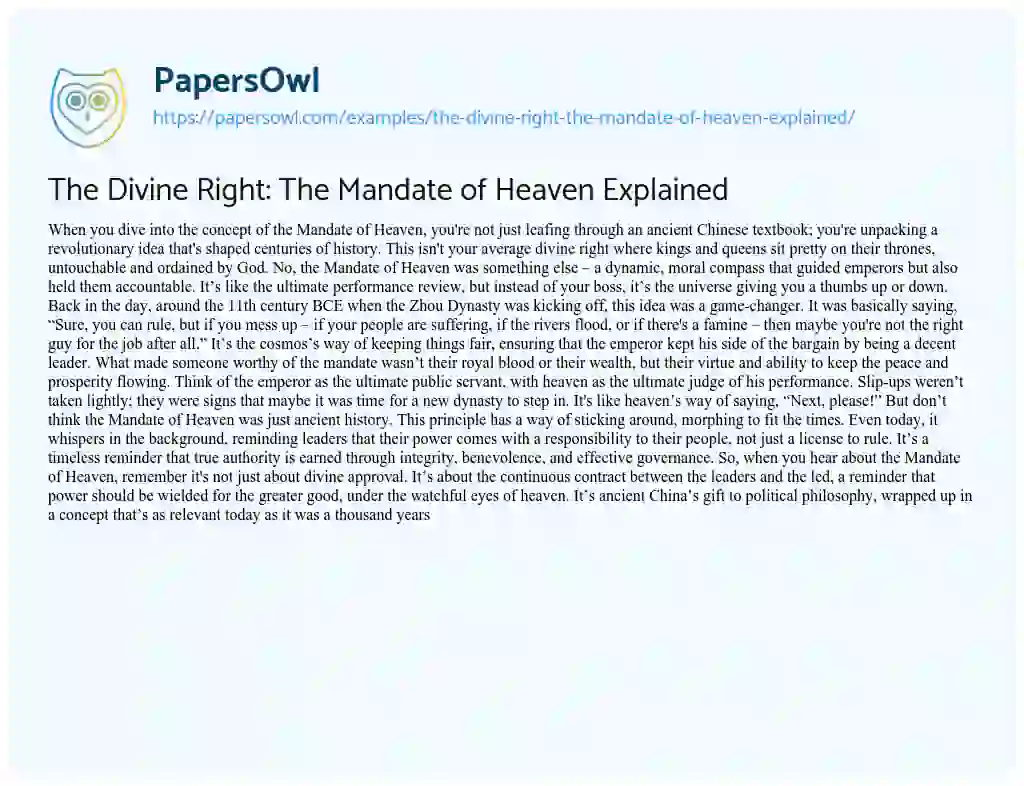 Essay on The Divine Right: the Mandate of Heaven Explained