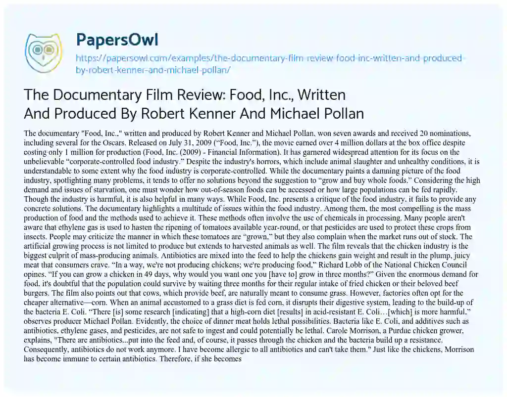 Essay on The Documentary Film Review: Food, Inc., Written and Produced by Robert Kenner and Michael Pollan