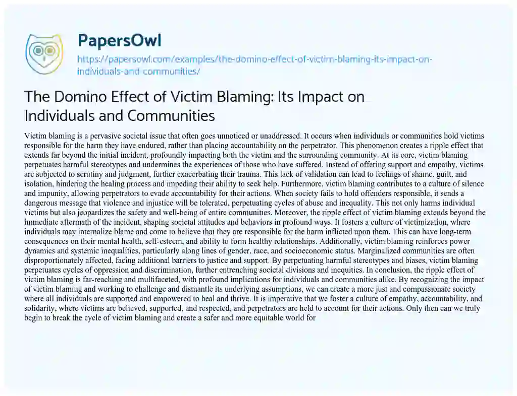 Essay on The Domino Effect of Victim Blaming: its Impact on Individuals and Communities