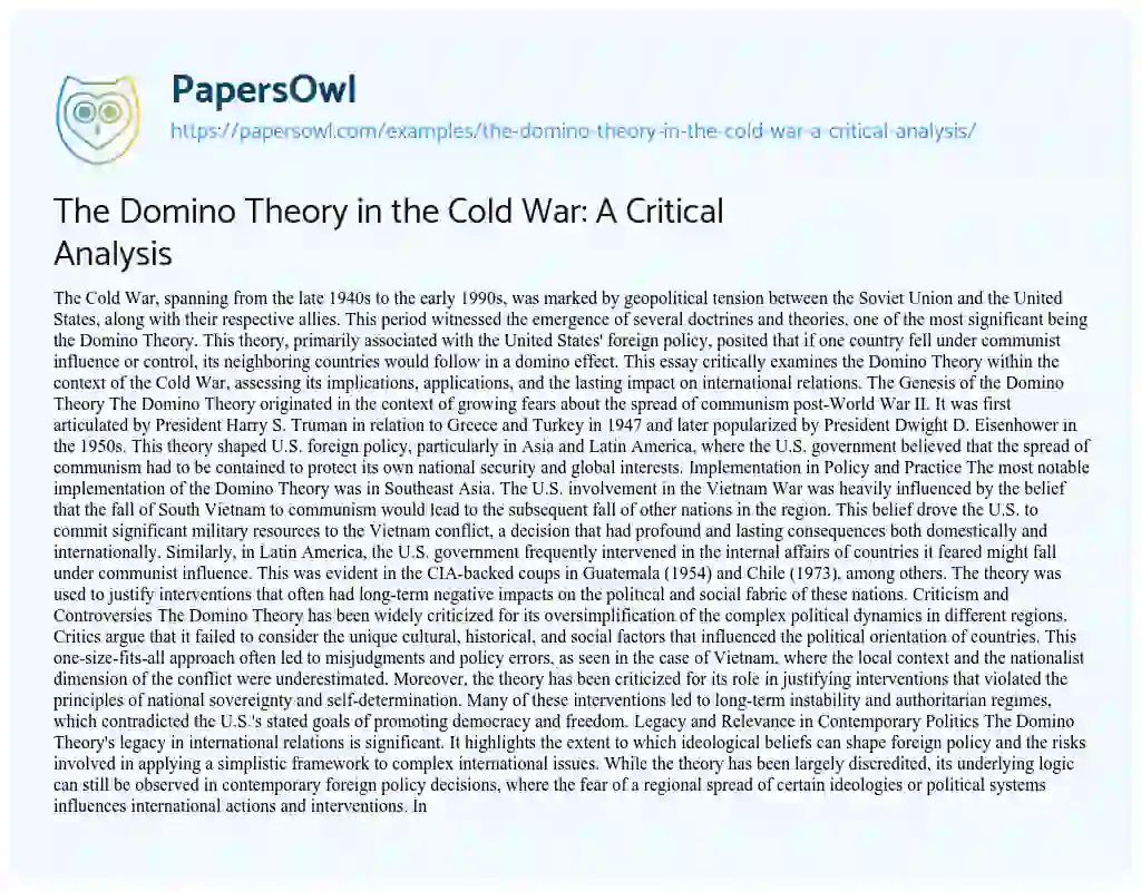 Essay on The Domino Theory in the Cold War: a Critical Analysis