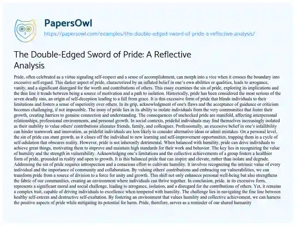 Essay on The Double-Edged Sword of Pride: a Reflective Analysis