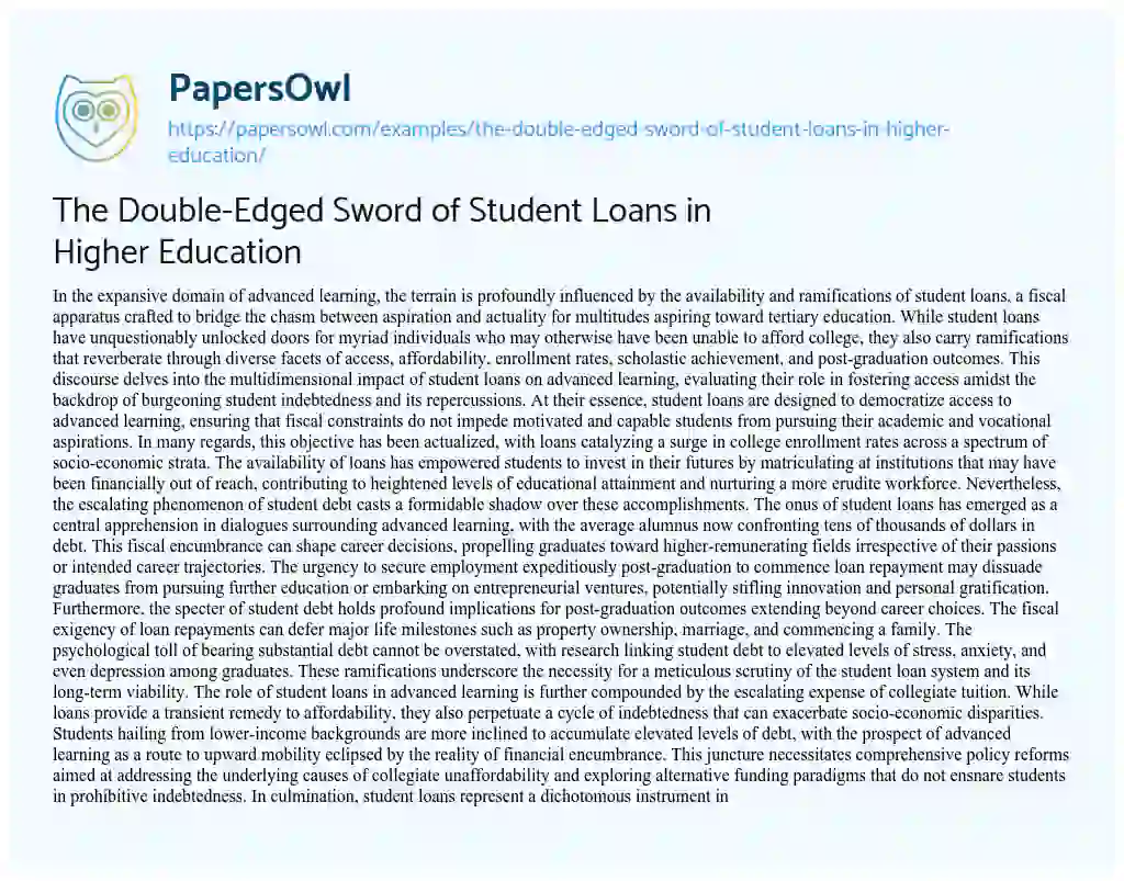 Essay on The Double-Edged Sword of Student Loans in Higher Education