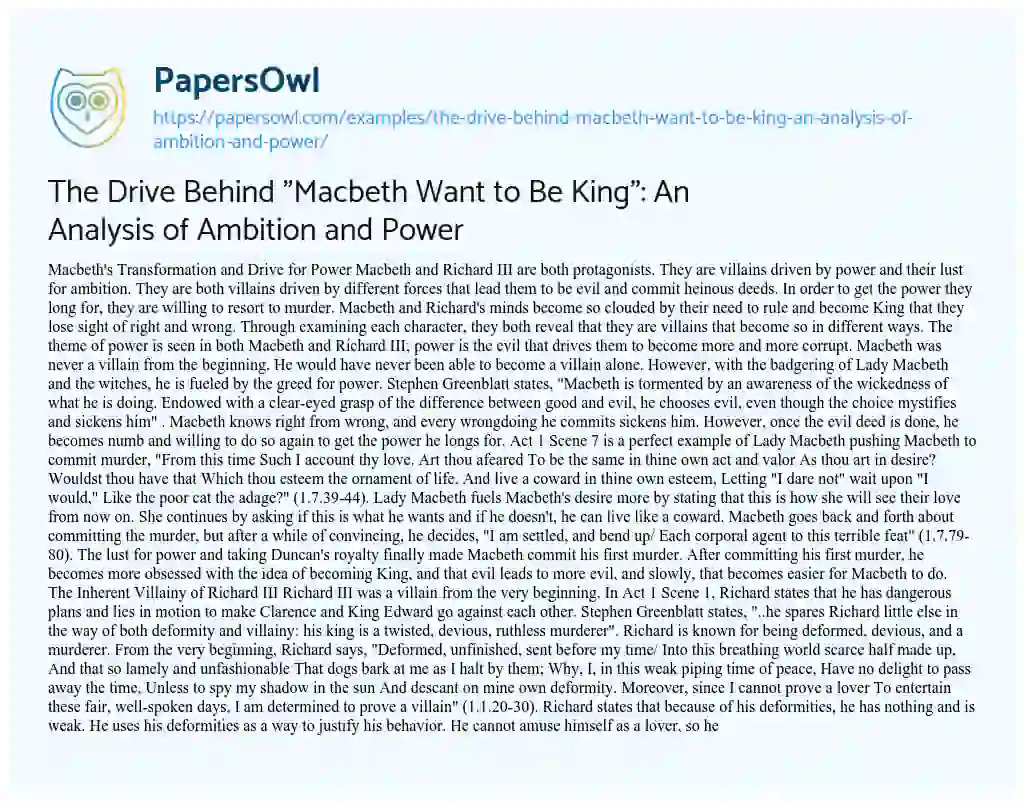 Essay on The Drive Behind “Macbeth Want to be King”: an Analysis of Ambition and Power