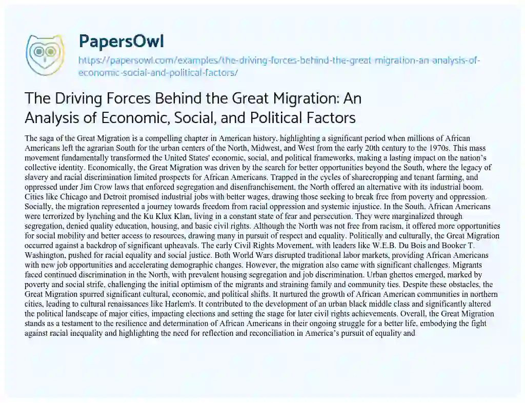 Essay on The Driving Forces Behind the Great Migration: an Analysis of Economic, Social, and Political Factors