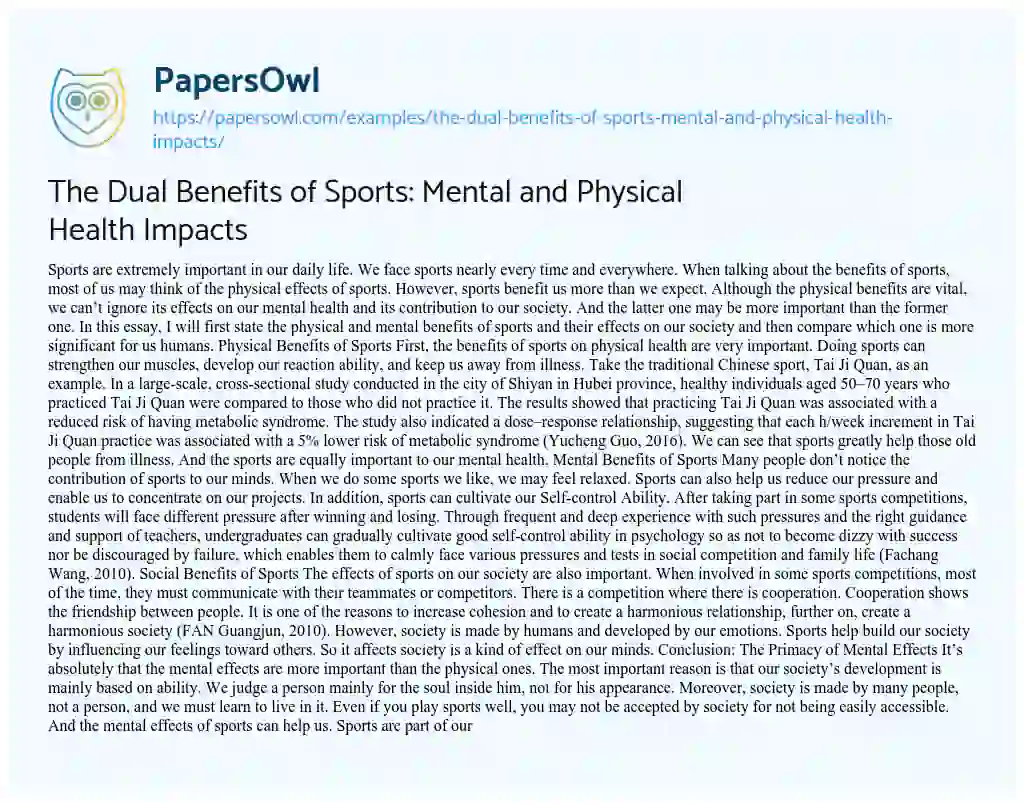 Essay on The Dual Benefits of Sports: Mental and Physical Health Impacts